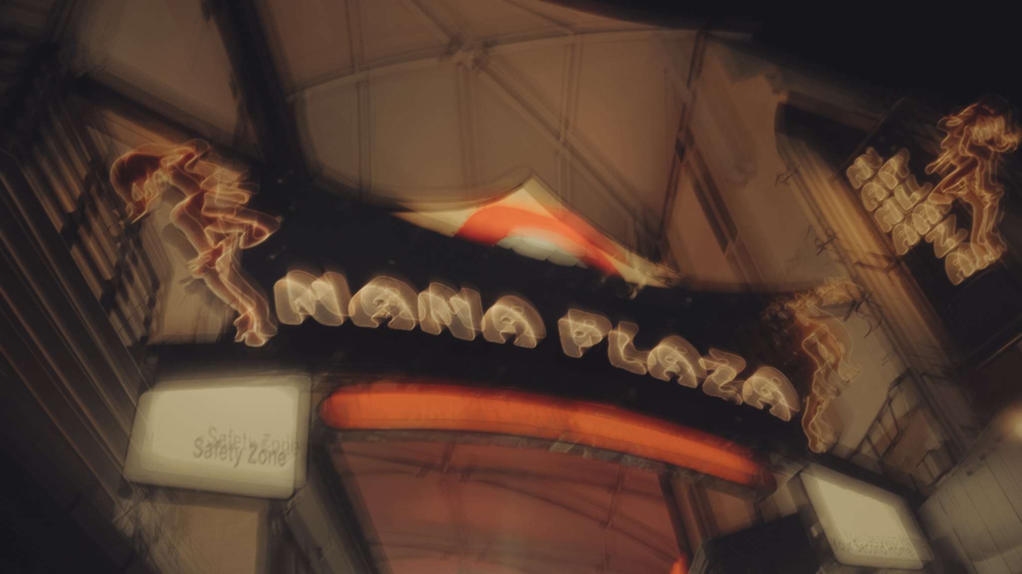 Néons, nuit et ambiguïtés Enseigne lumineuse floue dans la nuit, évoquant les zones grises du travail du sexe et du divertissement